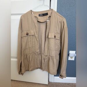 ZARA Tan Safari Jacket Peplum Hem Lightweight Utility XS Neutral Chic